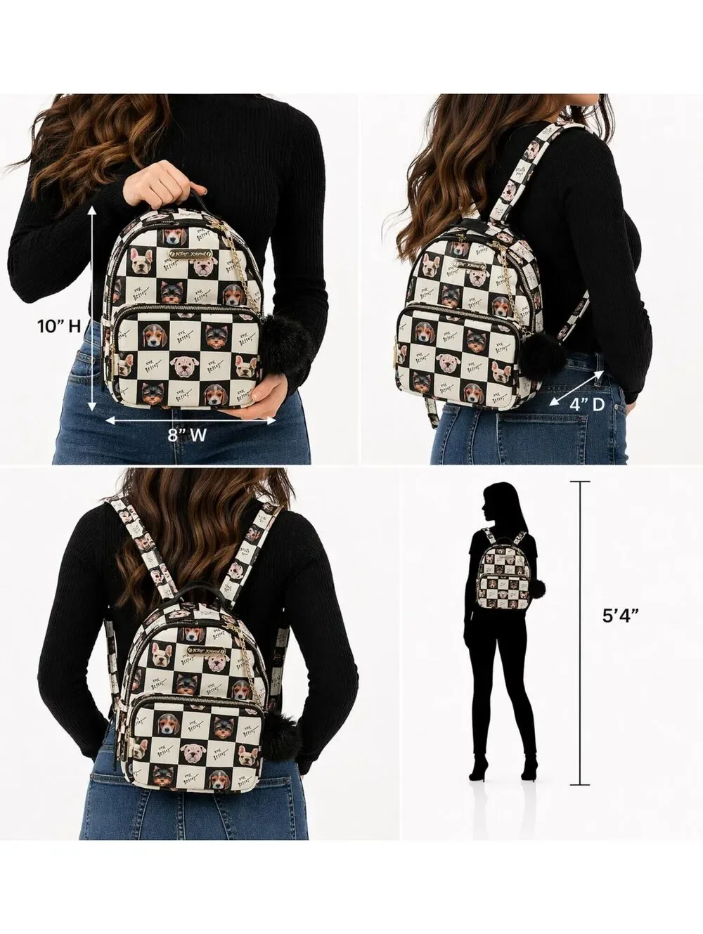 Betsey Johnson Dog Mini Backpack Black White Puppy Print Pom Charm Bag